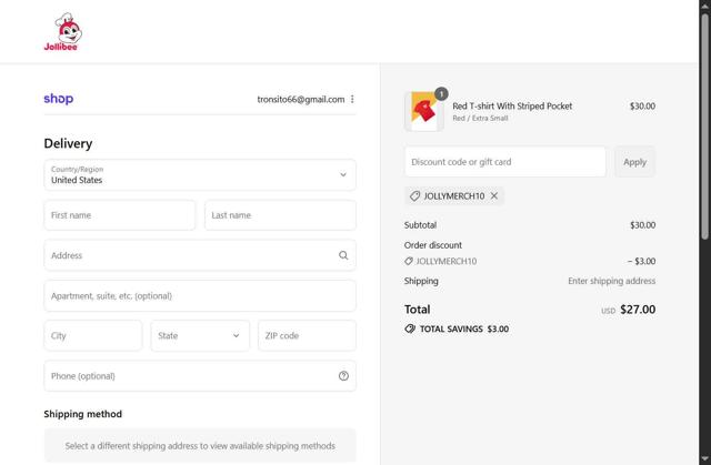 Jollibee checkout page showing Jollibee coupon code box | Screenshot taken by SimplyCodes community member on Sep 6, 2025