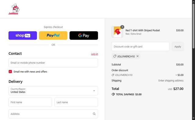 Jollibee checkout page showing Jollibee coupon code box | Screenshot taken by SimplyCodes community member on Aug 12, 2025