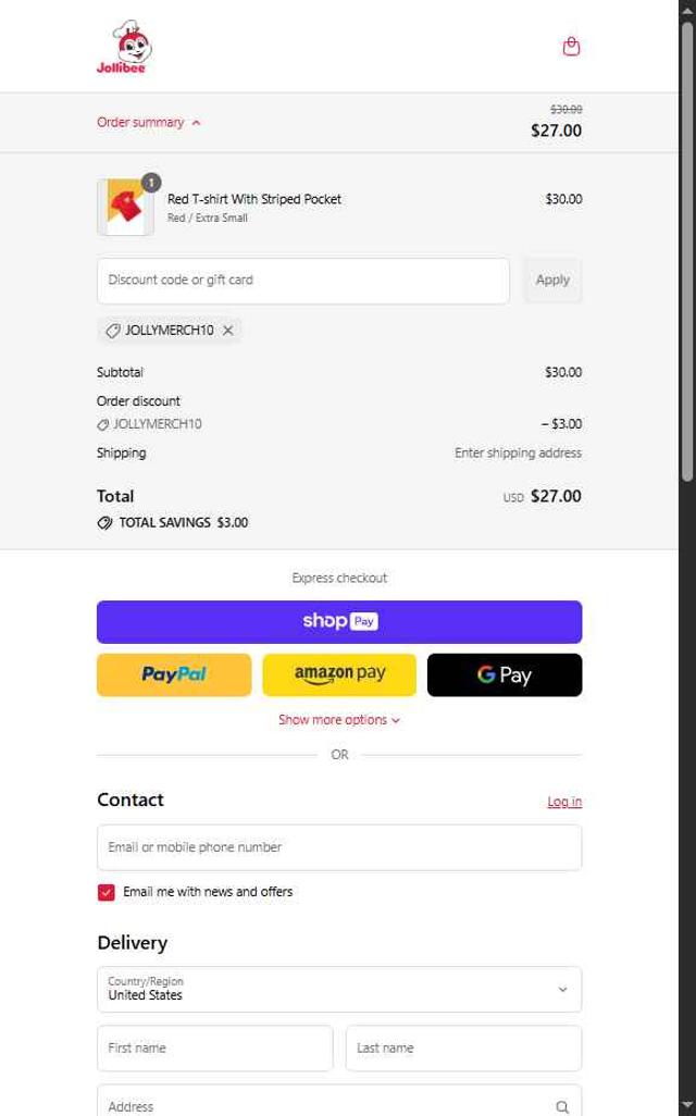 Jollibee checkout page showing Jollibee coupon code box | Screenshot taken by SimplyCodes community member on Aug 24, 2025