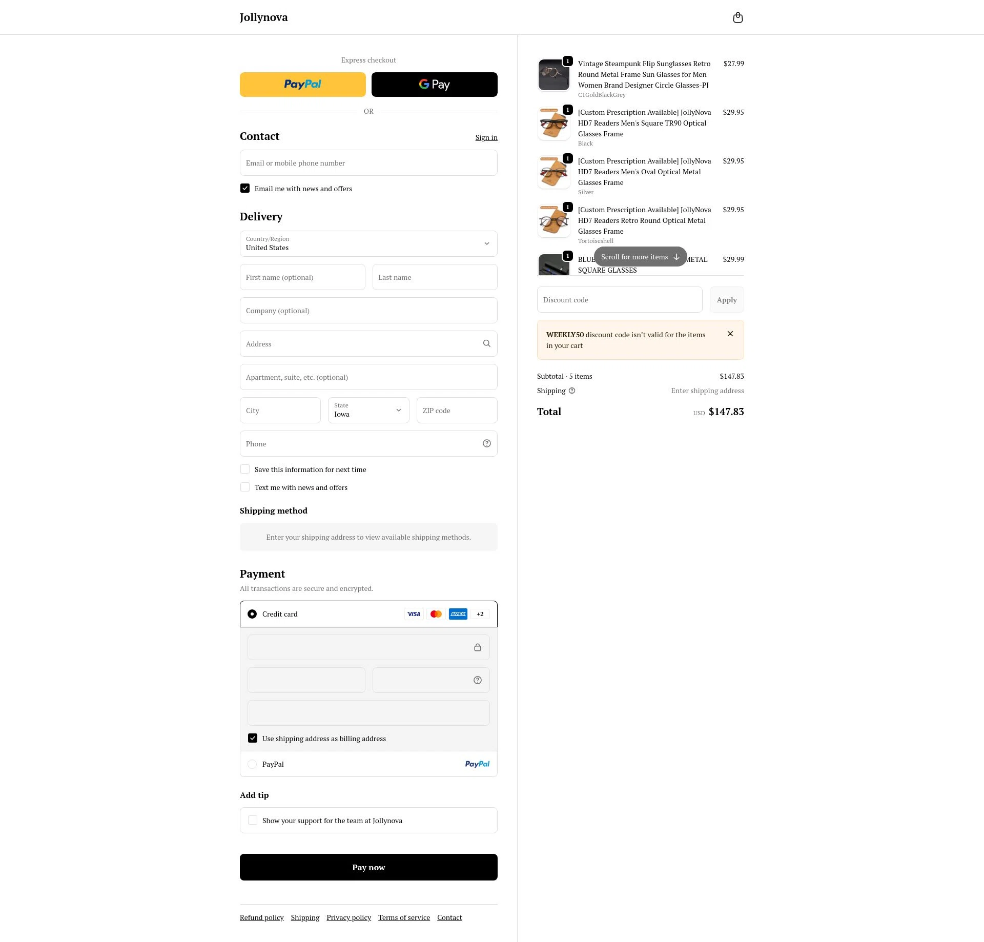 Jollynova checkout page showing Jollynova discount code box | Screenshot taken by SimplyCodes community member on Feb 24, 2026