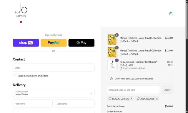 Jo Loves checkout page showing Jo Loves promo code box | Screenshot taken by SimplyCodes community member on Jul 21, 2025