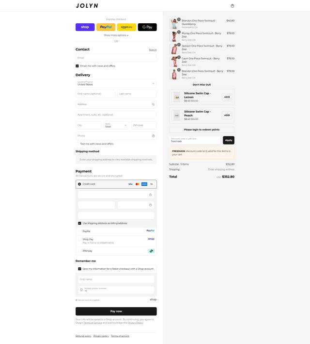 Jolyn checkout page showing Jolyn discount code box | Screenshot taken by SimplyCodes community member on Sep 10, 2025