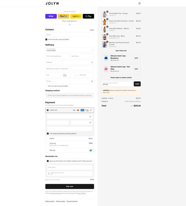 Jolyn checkout page showing Jolyn discount code box | Screenshot taken by SimplyCodes community member on Sep 1, 2025