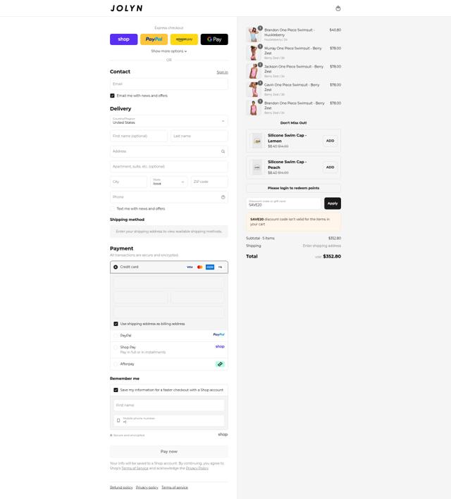 Jolyn checkout page showing Jolyn discount code box | Screenshot taken by SimplyCodes community member on Sep 10, 2025