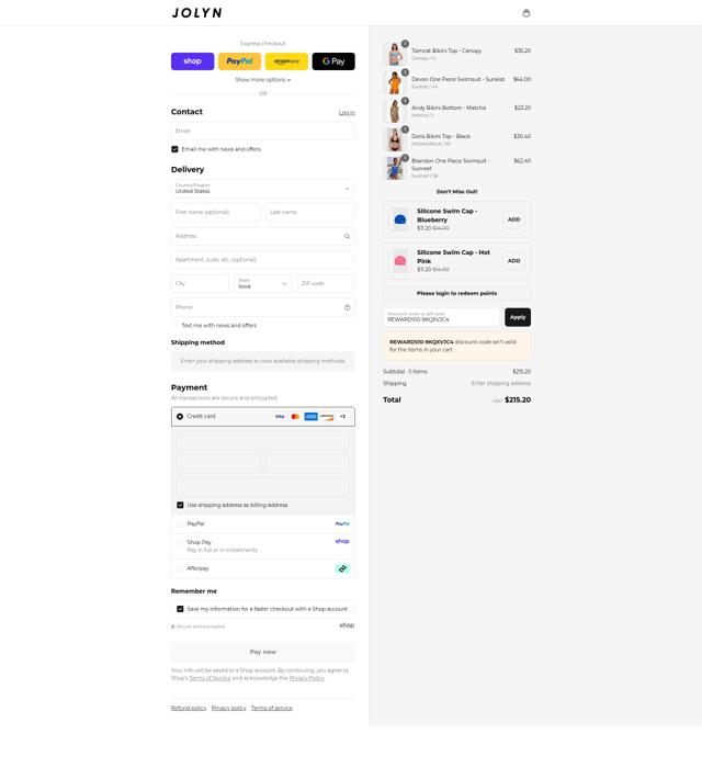Jolyn checkout page showing Jolyn discount code box | Screenshot taken by SimplyCodes community member on Sep 1, 2025