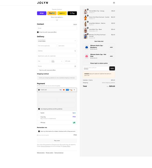 Jolyn checkout page showing Jolyn discount code box | Screenshot taken by SimplyCodes community member on Sep 1, 2025
