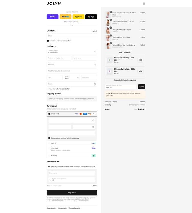 Jolyn checkout page showing Jolyn discount code box | Screenshot taken by SimplyCodes community member on Sep 5, 2025