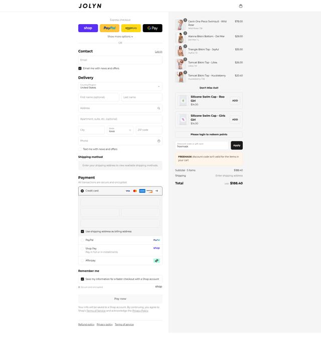 Jolyn checkout page showing Jolyn discount code box | Screenshot taken by SimplyCodes community member on Sep 5, 2025