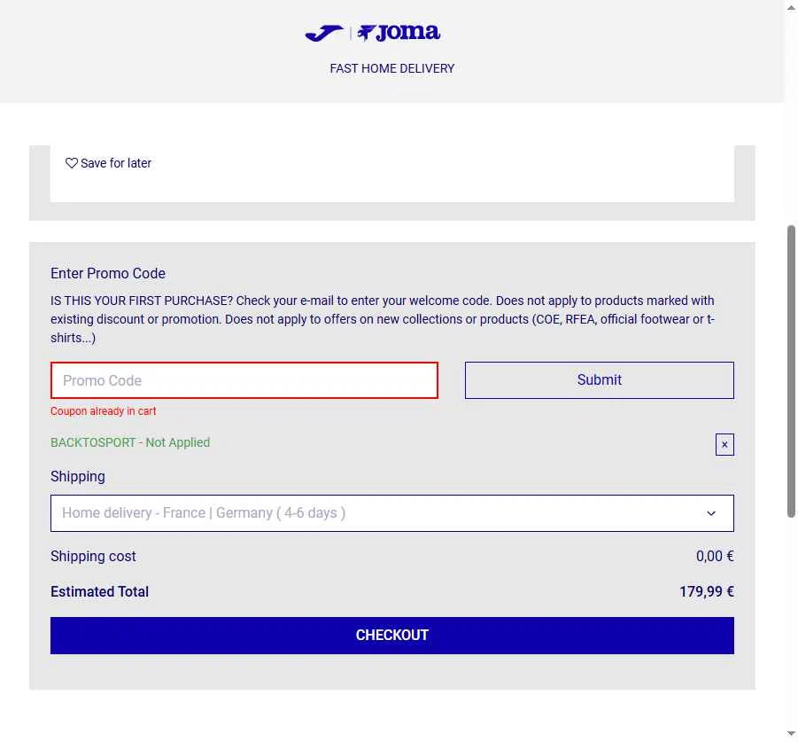 Joma checkout page showing Joma discount code box | Screenshot taken by SimplyCodes community member on Sep 24, 2025