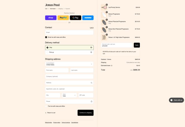 Jonas Paul Eyewear checkout page showing Jonas Paul Eyewear promo code box | Screenshot taken by SimplyCodes community member on Sep 8, 2025