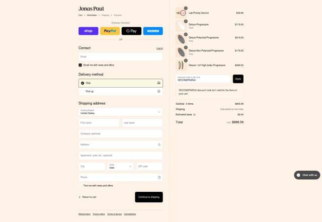 Jonas Paul Eyewear checkout page showing Jonas Paul Eyewear promo code box | Screenshot taken by SimplyCodes community member on Sep 8, 2025