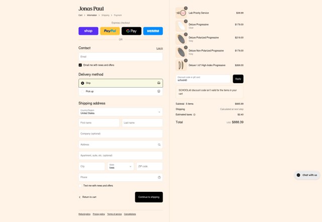 Jonas Paul Eyewear checkout page showing Jonas Paul Eyewear promo code box | Screenshot taken by SimplyCodes community member on Aug 31, 2025