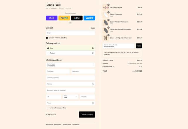 Jonas Paul Eyewear checkout page showing Jonas Paul Eyewear promo code box | Screenshot taken by SimplyCodes community member on Aug 31, 2025