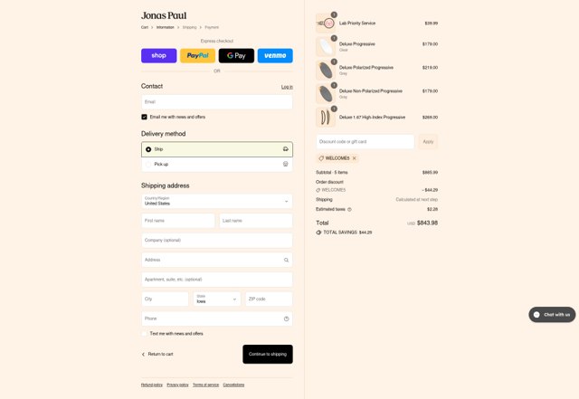Jonas Paul Eyewear checkout page showing Jonas Paul Eyewear promo code box | Screenshot taken by SimplyCodes community member on Sep 8, 2025