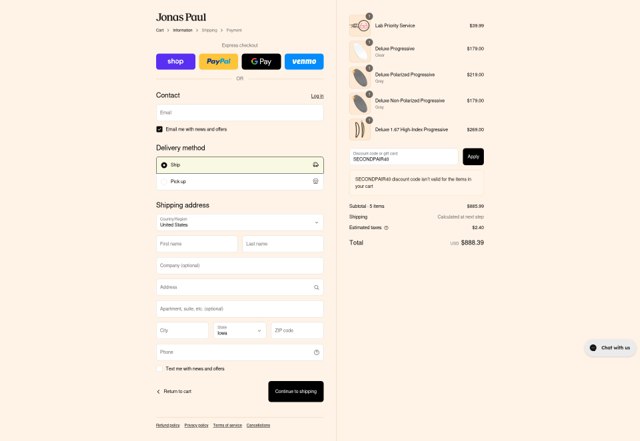 Jonas Paul Eyewear checkout page showing Jonas Paul Eyewear promo code box | Screenshot taken by SimplyCodes community member on Sep 4, 2025