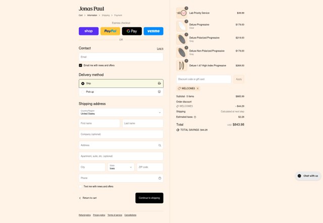 Jonas Paul Eyewear checkout page showing Jonas Paul Eyewear promo code box | Screenshot taken by SimplyCodes community member on Aug 31, 2025