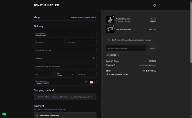 Jonathan Adler checkout page showing Jonathan Adler coupon code box | Screenshot taken by SimplyCodes community member on Sep 3, 2025