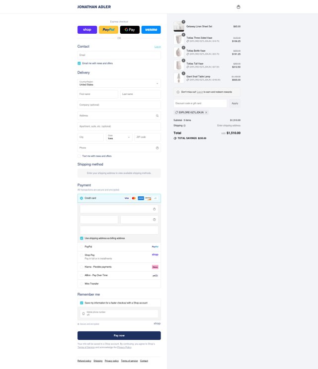 Jonathan Adler checkout page showing Jonathan Adler coupon code box | Screenshot taken by SimplyCodes community member on Sep 4, 2025