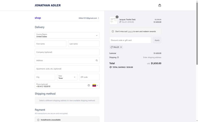 Jonathan Adler checkout page showing Jonathan Adler coupon code box | Screenshot taken by SimplyCodes community member on Sep 3, 2025
