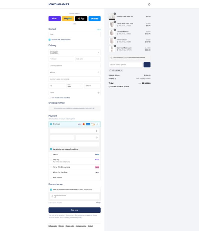 Jonathan Adler checkout page showing Jonathan Adler coupon code box | Screenshot taken by SimplyCodes community member on Sep 4, 2025