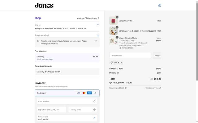Jones checkout page showing Jones promo code box | Screenshot taken by SimplyCodes community member on Sep 10, 2025
