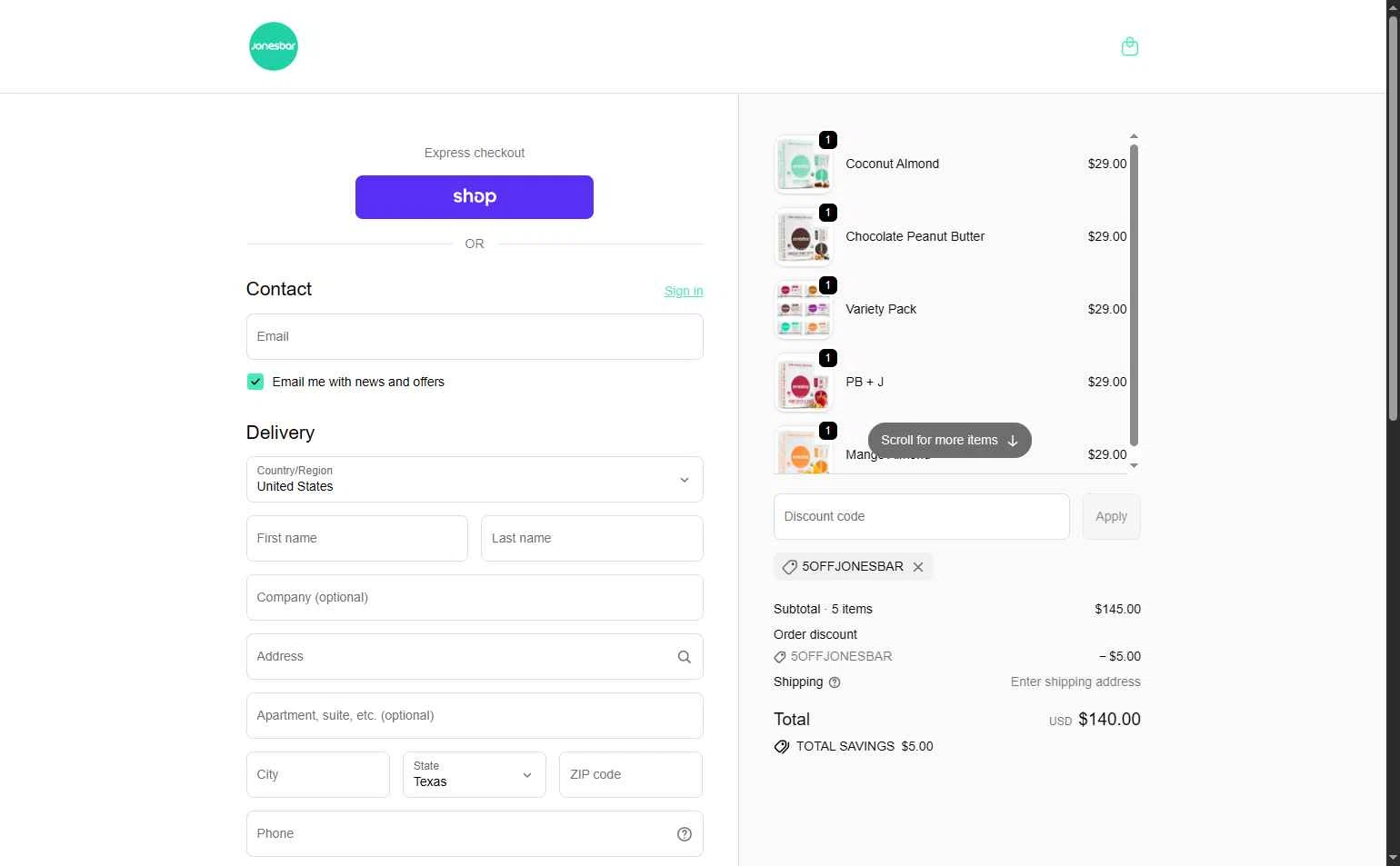 Jonesbar checkout page showing Jonesbar promo code box | Screenshot taken by SimplyCodes community member on Jan 7, 2026