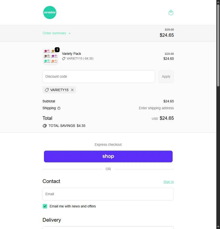 Jonesbar checkout page showing Jonesbar promo code box | Screenshot taken by SimplyCodes community member on Jan 5, 2026
