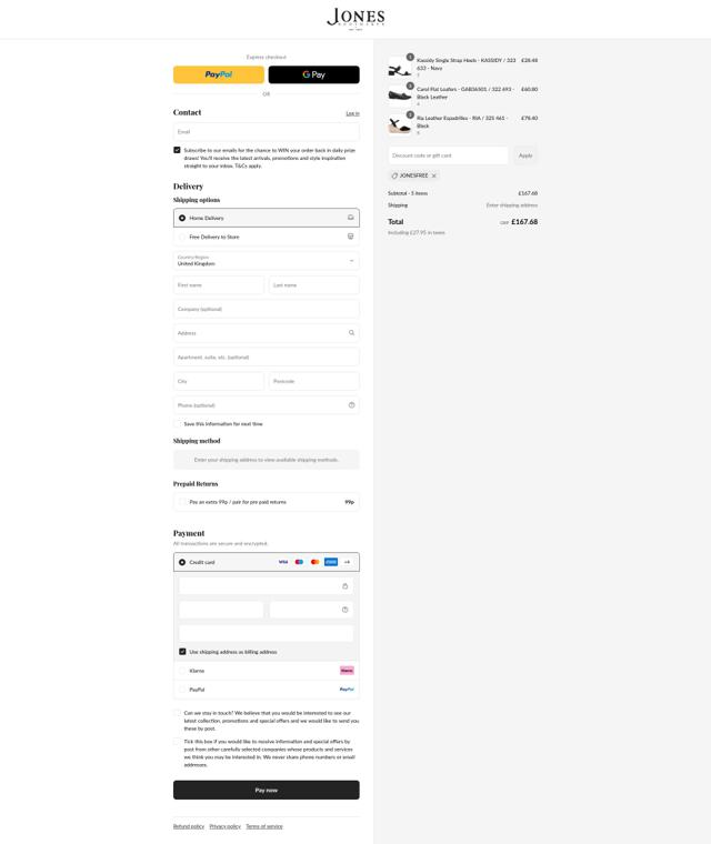Jones Bootmaker checkout page showing Jones Bootmaker discount code box | Screenshot taken by SimplyCodes community member on Sep 6, 2025