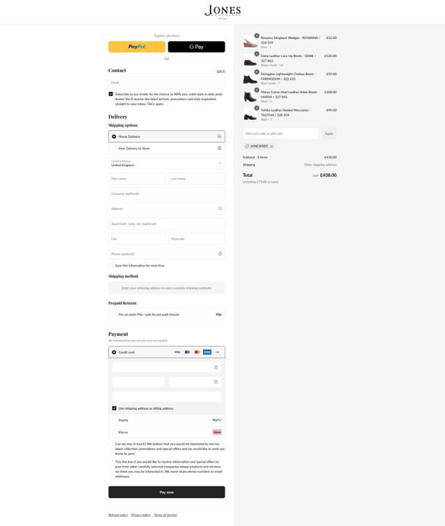 Jones Bootmaker checkout page showing Jones Bootmaker discount code box | Screenshot taken by SimplyCodes community member on Aug 25, 2025