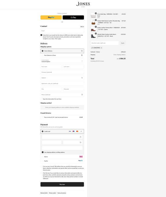 Jones Bootmaker checkout page showing Jones Bootmaker discount code box | Screenshot taken by SimplyCodes community member on Sep 15, 2025
