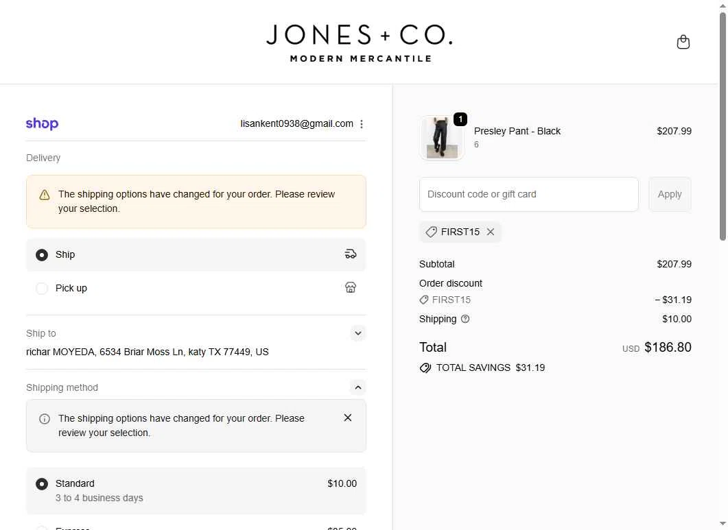 Jones + Co checkout page showing Jones + Co discount code box | Screenshot taken by SimplyCodes community member on Oct 11, 2025