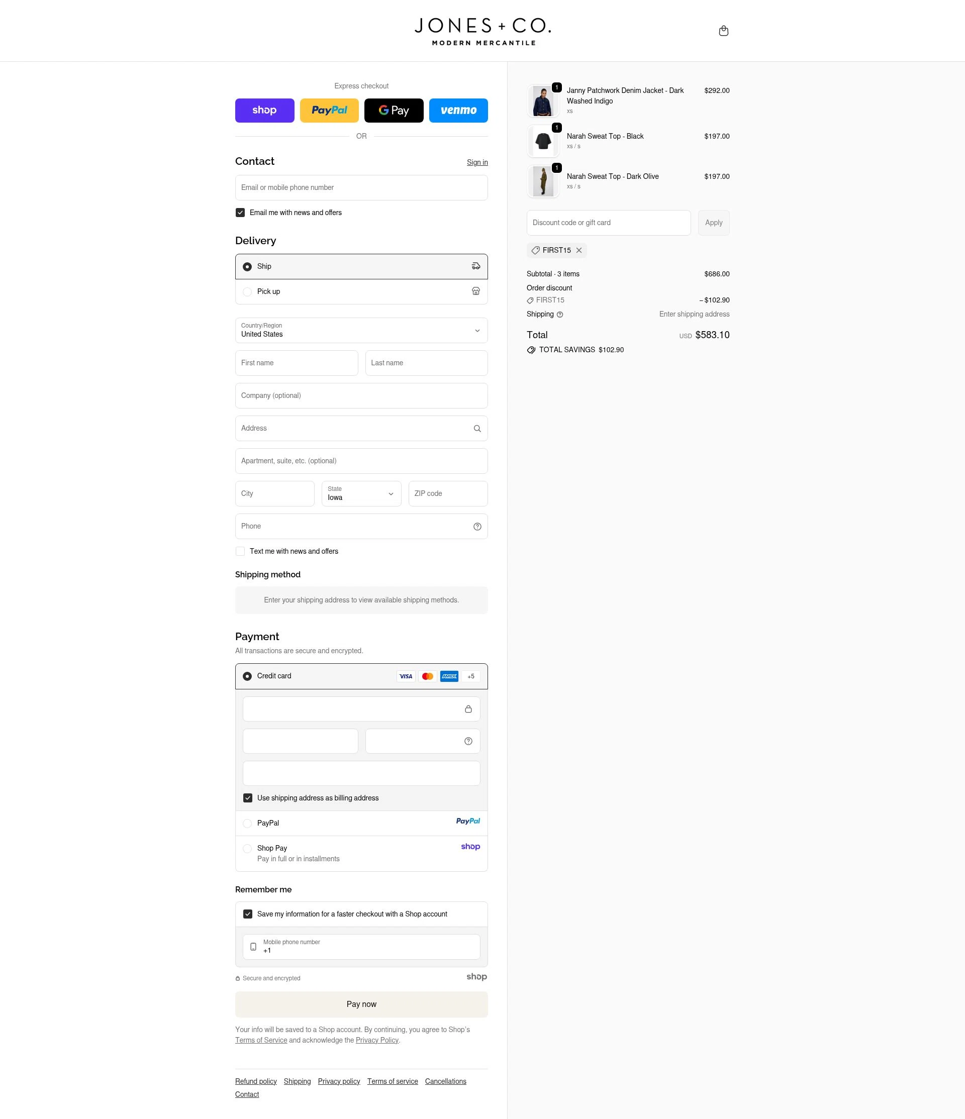 Jones + Co checkout page showing Jones + Co discount code box | Screenshot taken by SimplyCodes community member on Oct 15, 2025