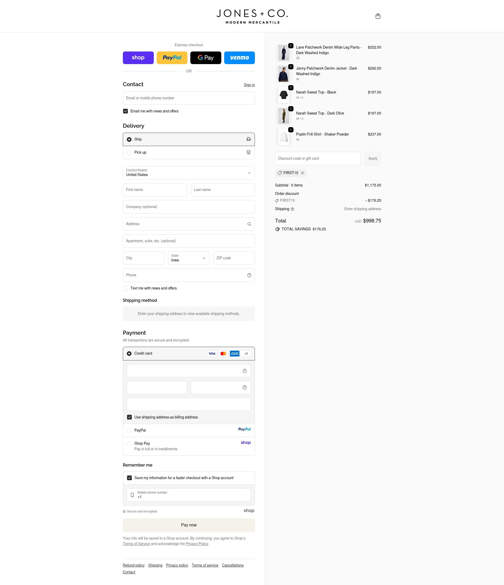 Jones + Co checkout page showing Jones + Co discount code box | Screenshot taken by SimplyCodes community member on Sep 29, 2025