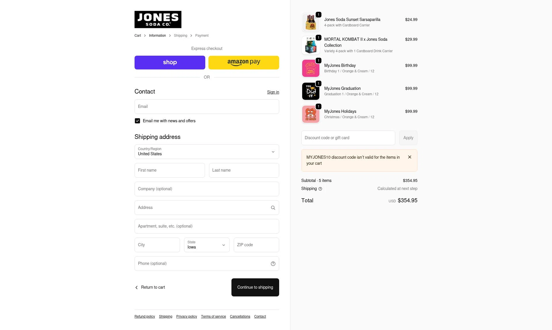 Jones Soda Co. checkout page showing Jones Soda Co. promo code box | Screenshot taken by SimplyCodes community member on Feb 5, 2026