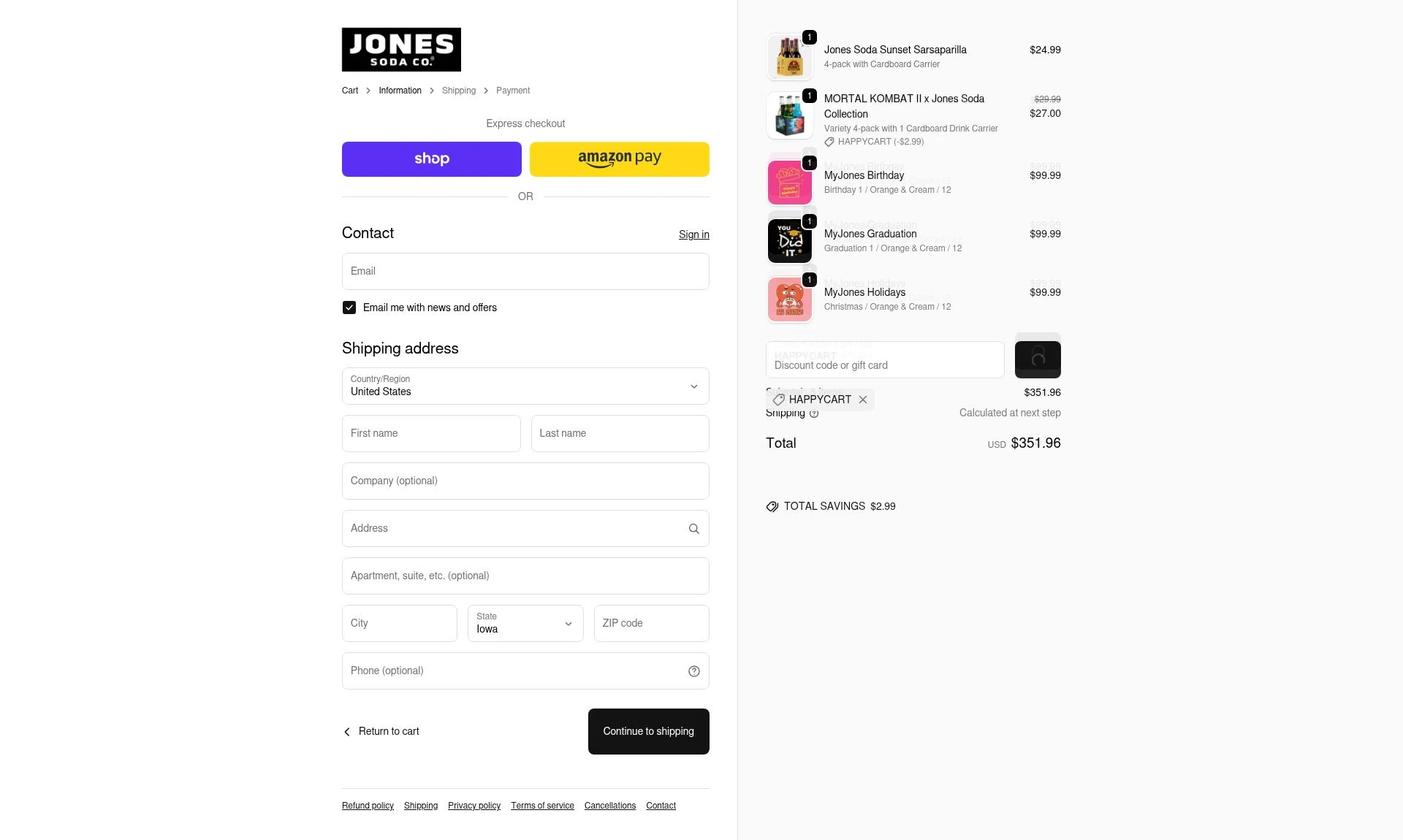 Jones Soda Co. checkout page showing Jones Soda Co. promo code box | Screenshot taken by SimplyCodes community member on Feb 5, 2026