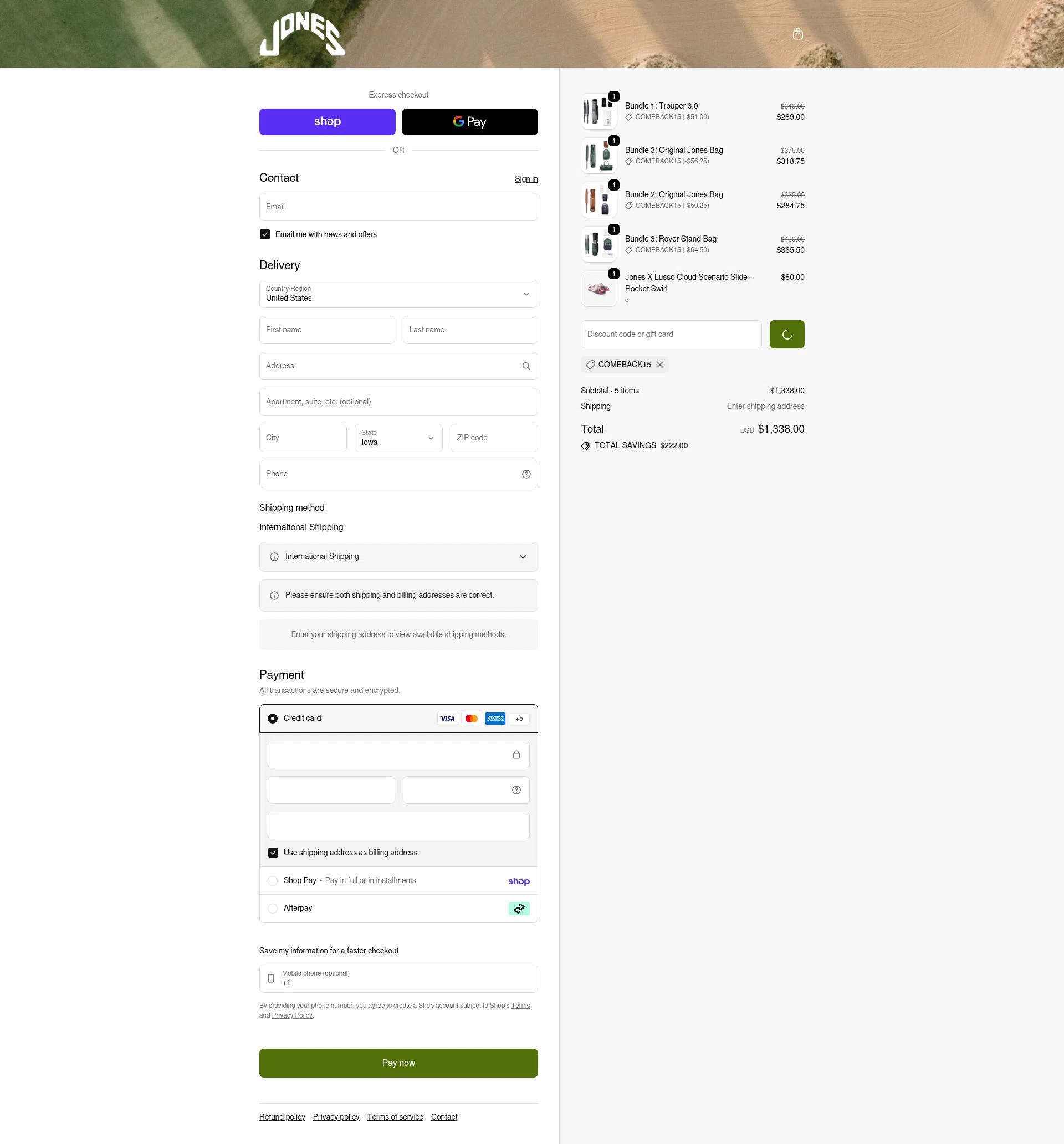 Jones Sports Co. checkout page showing Jones Sports Co. discount code box | Screenshot taken by SimplyCodes community member on Feb 8, 2026