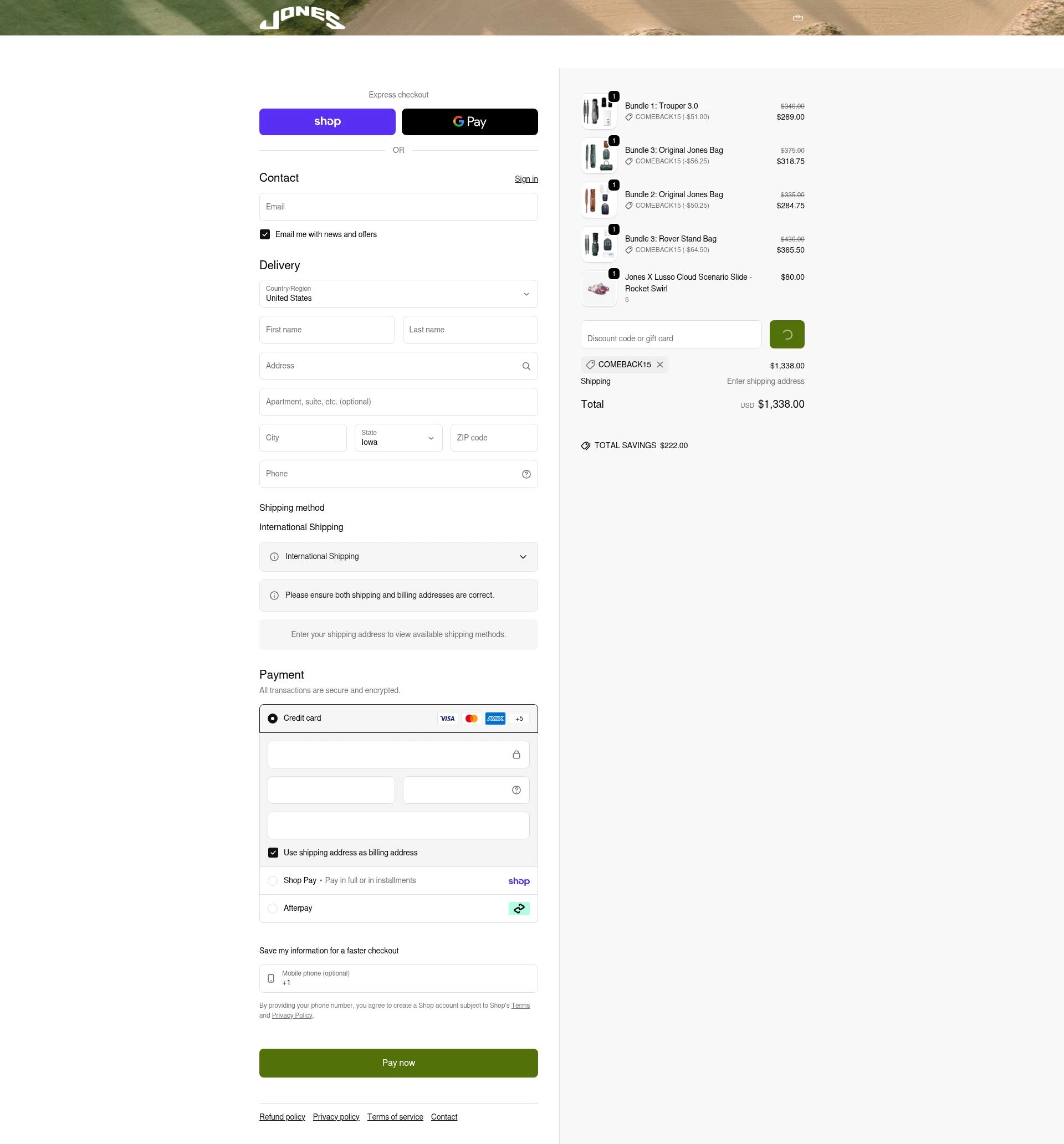 Jones Sports Co. checkout page showing Jones Sports Co. discount code box | Screenshot taken by SimplyCodes community member on Feb 3, 2026