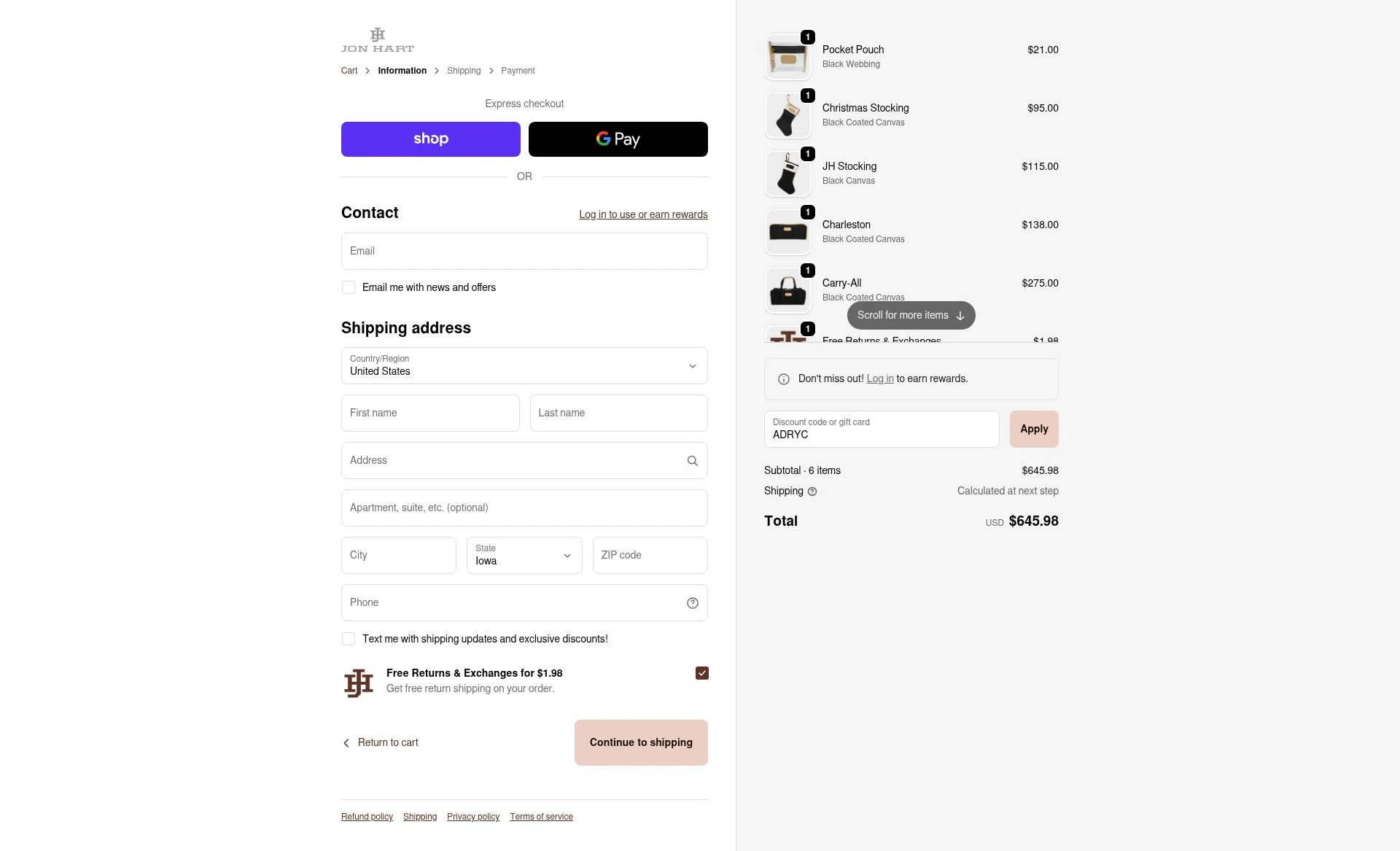 Jon Hart Design checkout page showing Jon Hart Design coupon code box | Screenshot taken by SimplyCodes community member on Feb 5, 2026