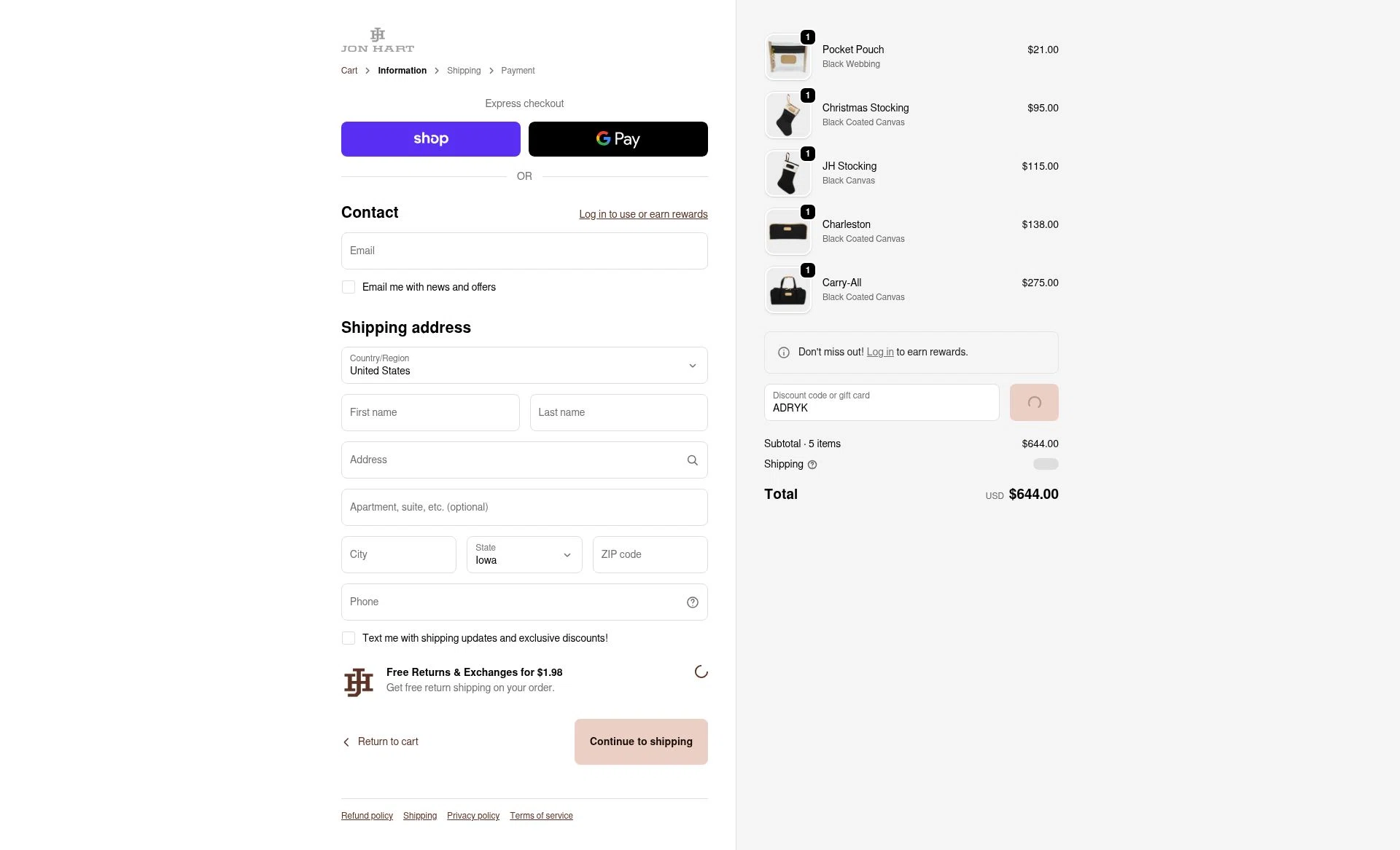 Jon Hart Design checkout page showing Jon Hart Design coupon code box | Screenshot taken by SimplyCodes community member on Feb 5, 2026