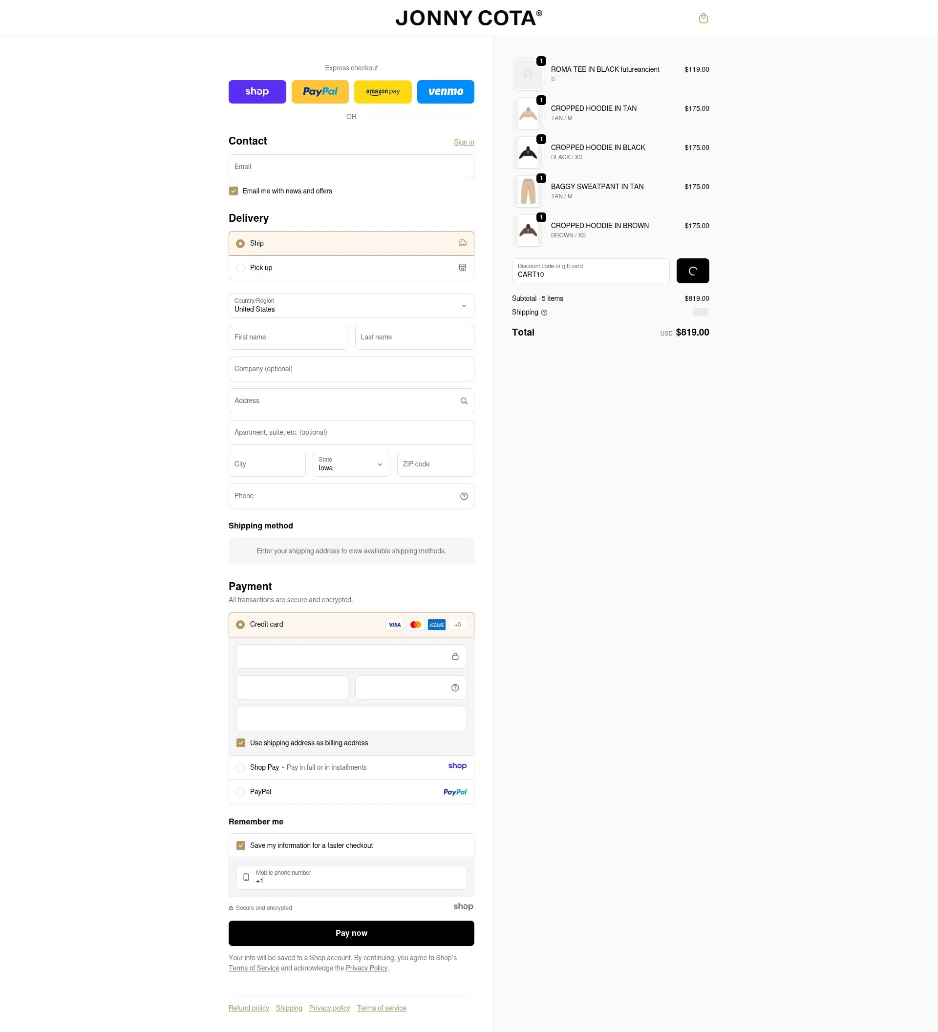 Jonny Cota checkout page showing Jonny Cota promo code box | Screenshot taken by SimplyCodes community member on Dec 23, 2025