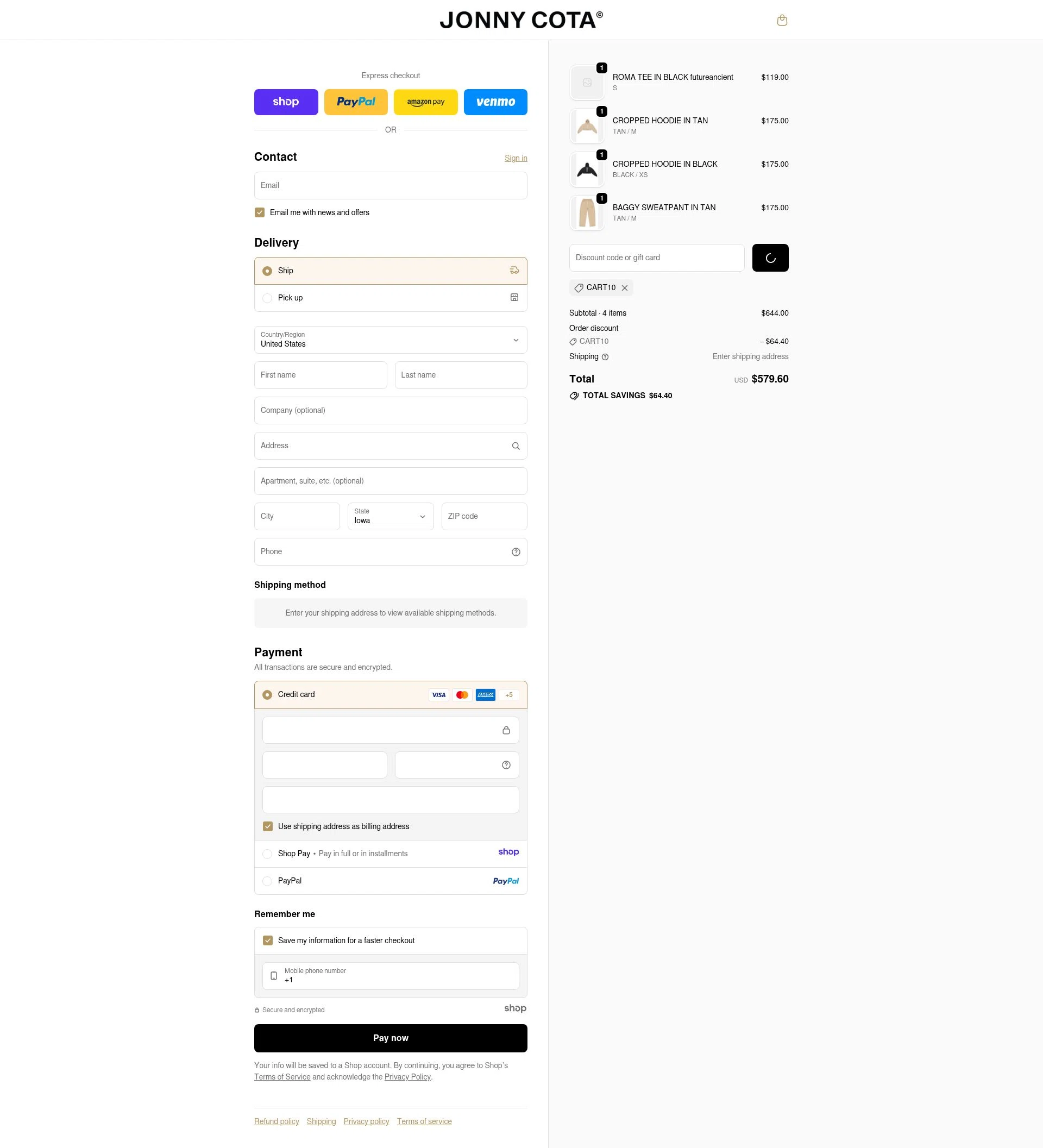 Jonny Cota checkout page showing Jonny Cota promo code box | Screenshot taken by SimplyCodes community member on Dec 28, 2025
