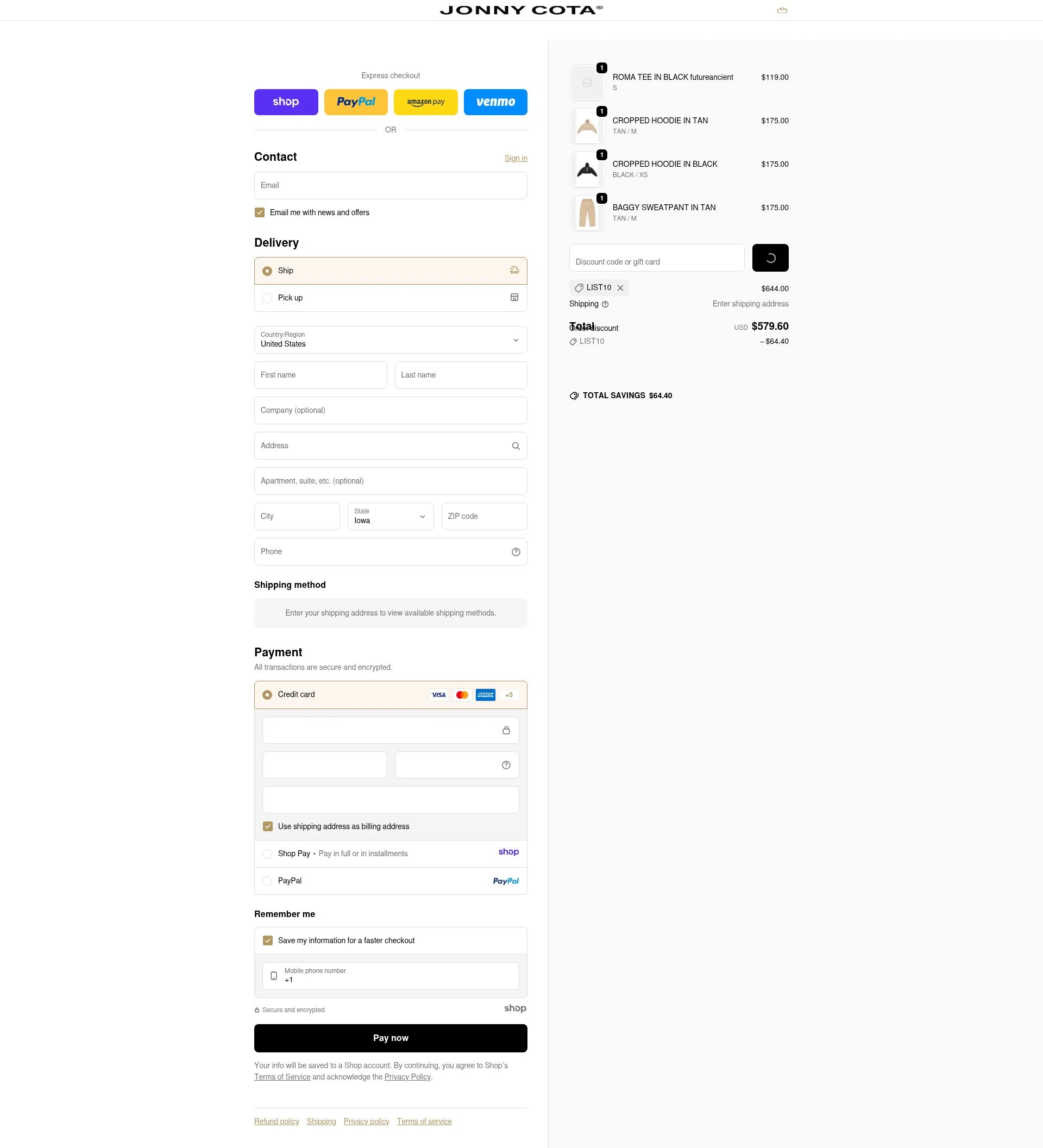 Jonny Cota checkout page showing Jonny Cota promo code box | Screenshot taken by SimplyCodes community member on Dec 28, 2025