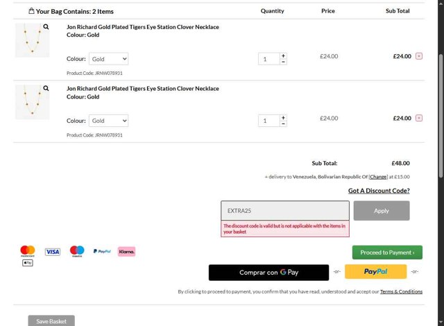Jon Richard checkout page showing Jon Richard discount code box | Screenshot taken by SimplyCodes community member on Aug 14, 2025