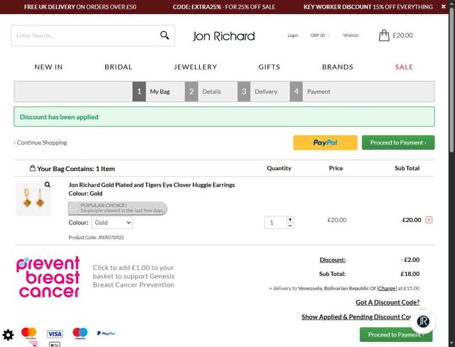 Jon Richard checkout page showing Jon Richard discount code box | Screenshot taken by SimplyCodes community member on Aug 28, 2025