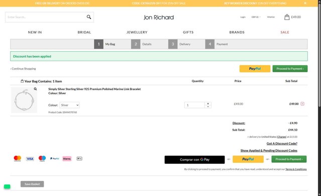 Jon Richard checkout page showing Jon Richard discount code box | Screenshot taken by SimplyCodes community member on Jul 30, 2025
