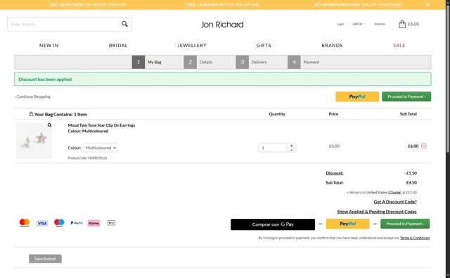 Jon Richard checkout page showing Jon Richard discount code box | Screenshot taken by SimplyCodes community member on Aug 14, 2025