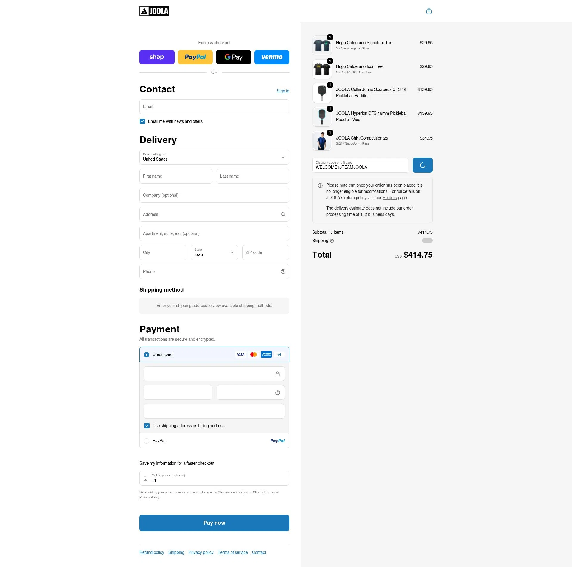 Joola USA checkout page showing Joola USA promo code box | Screenshot taken by SimplyCodes community member on Feb 16, 2026