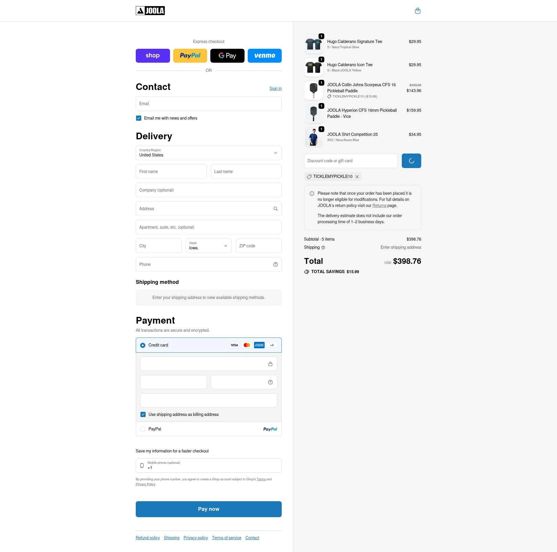 Joola USA checkout page showing Joola USA promo code box | Screenshot taken by SimplyCodes community member on Feb 16, 2026