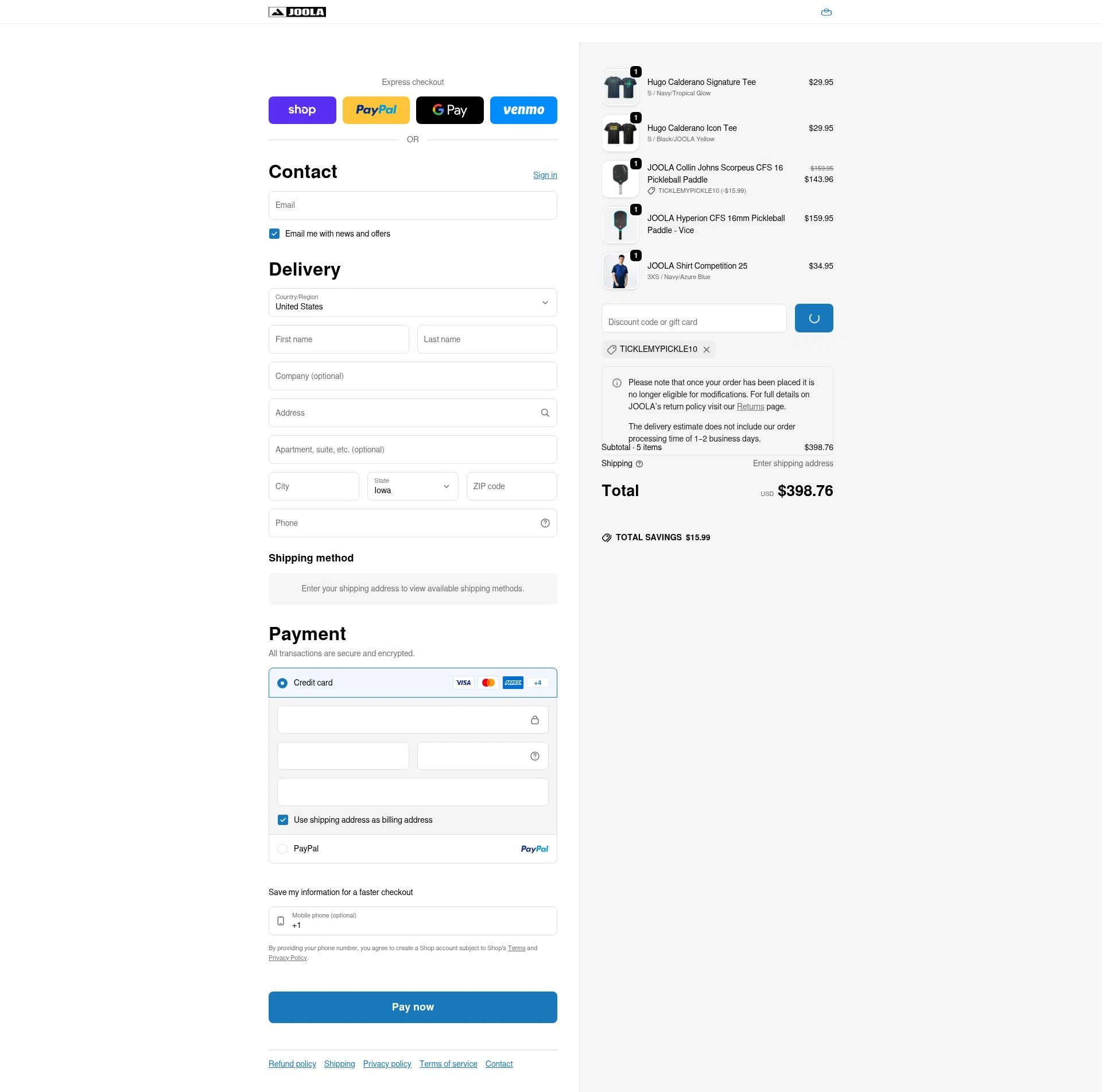 Joola USA checkout page showing Joola USA promo code box | Screenshot taken by SimplyCodes community member on Feb 11, 2026