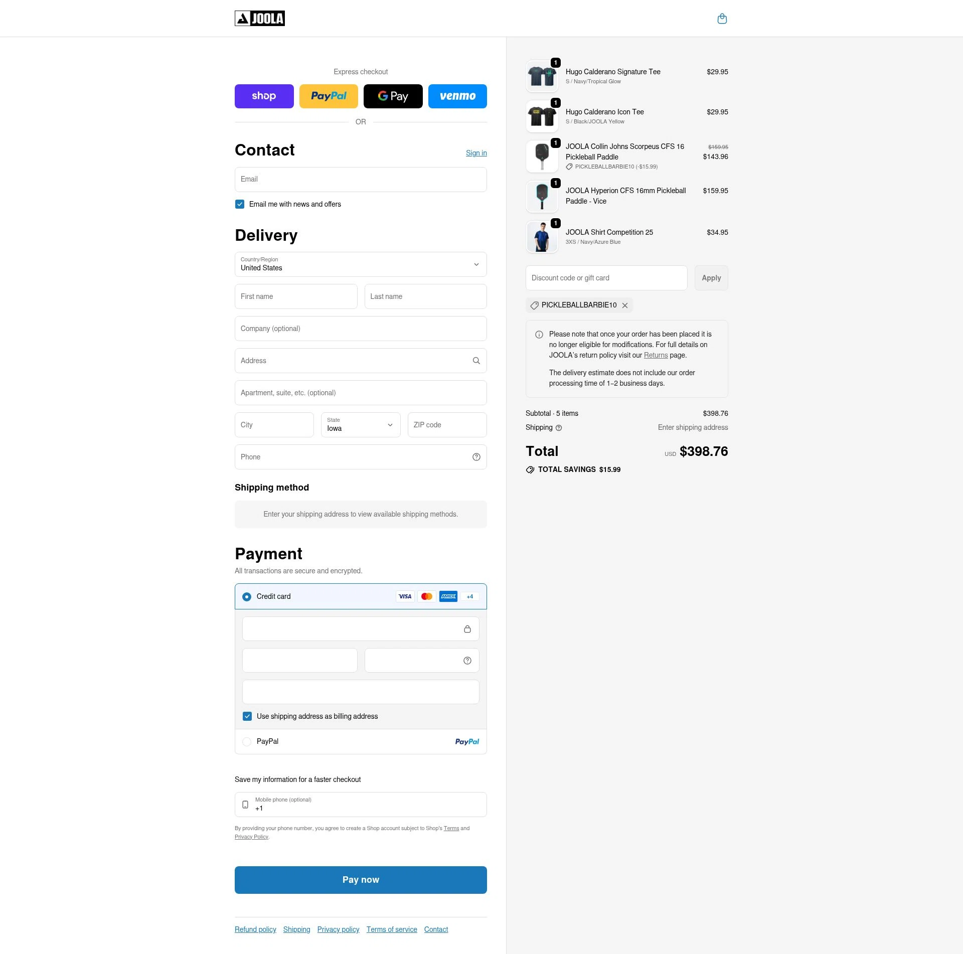 Joola USA checkout page showing Joola USA promo code box | Screenshot taken by SimplyCodes community member on Feb 16, 2026